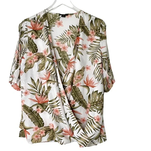 IMAN Palm Floral Tropical HAWAIIAN Resort Faux Wrap Blouse Top Cold Shoulder Med - Picture 2 of 8